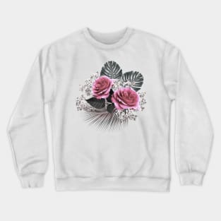 Pink Flowers Tropical Leaves Crewneck Sweatshirt